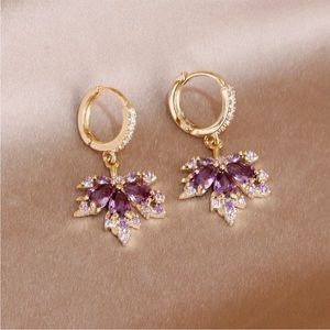 Jeweled Maple Leaf Purple Diamond Gem Gold Hoop Dainty Luxury Gift Mini Earrings